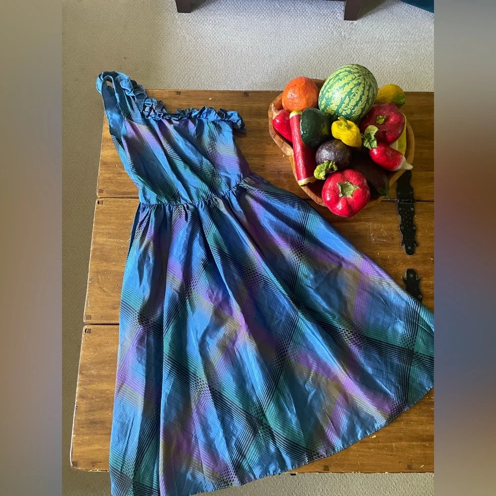 Vintage 60s One Shoulder Silk Fit Flare Party Prom Dress Sz XS 0 2 Unionmade - Picture 5 of 9